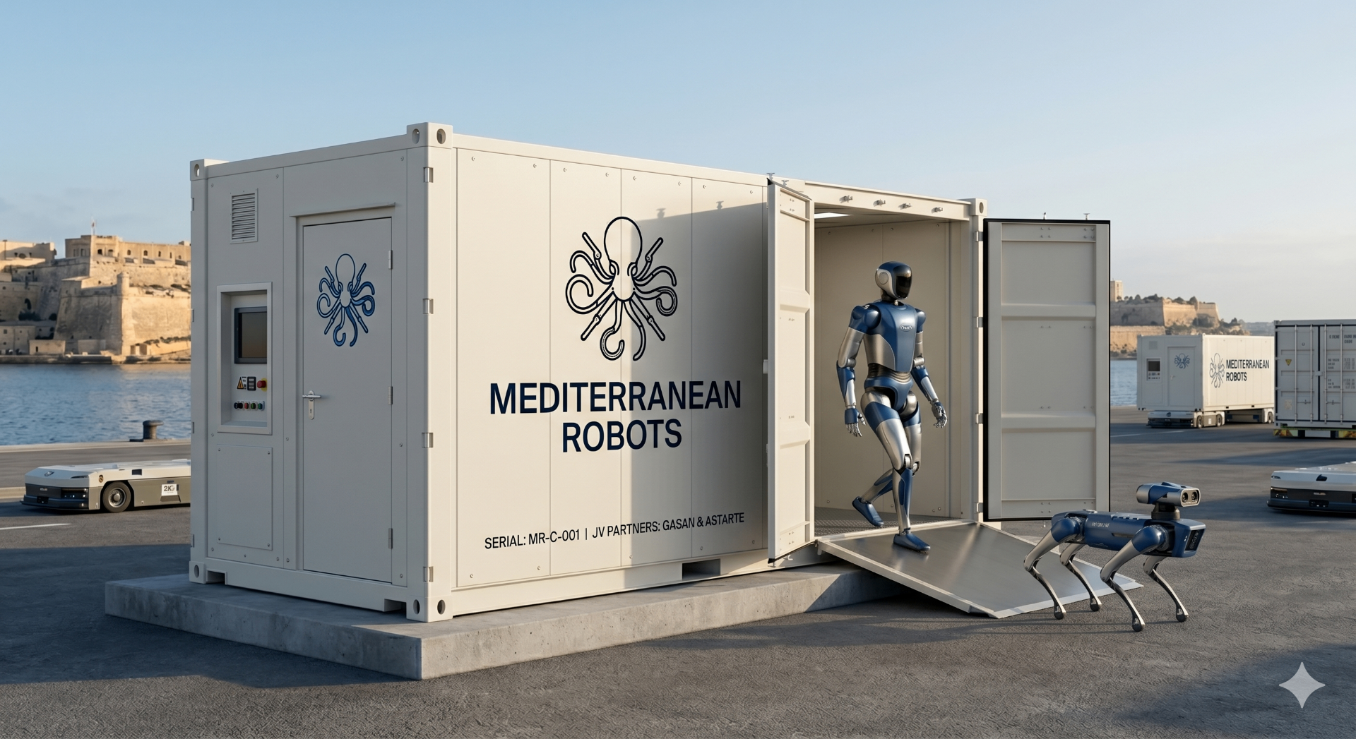 Mediterranean Robots transportable deployment container with humanoid and quadruped robot