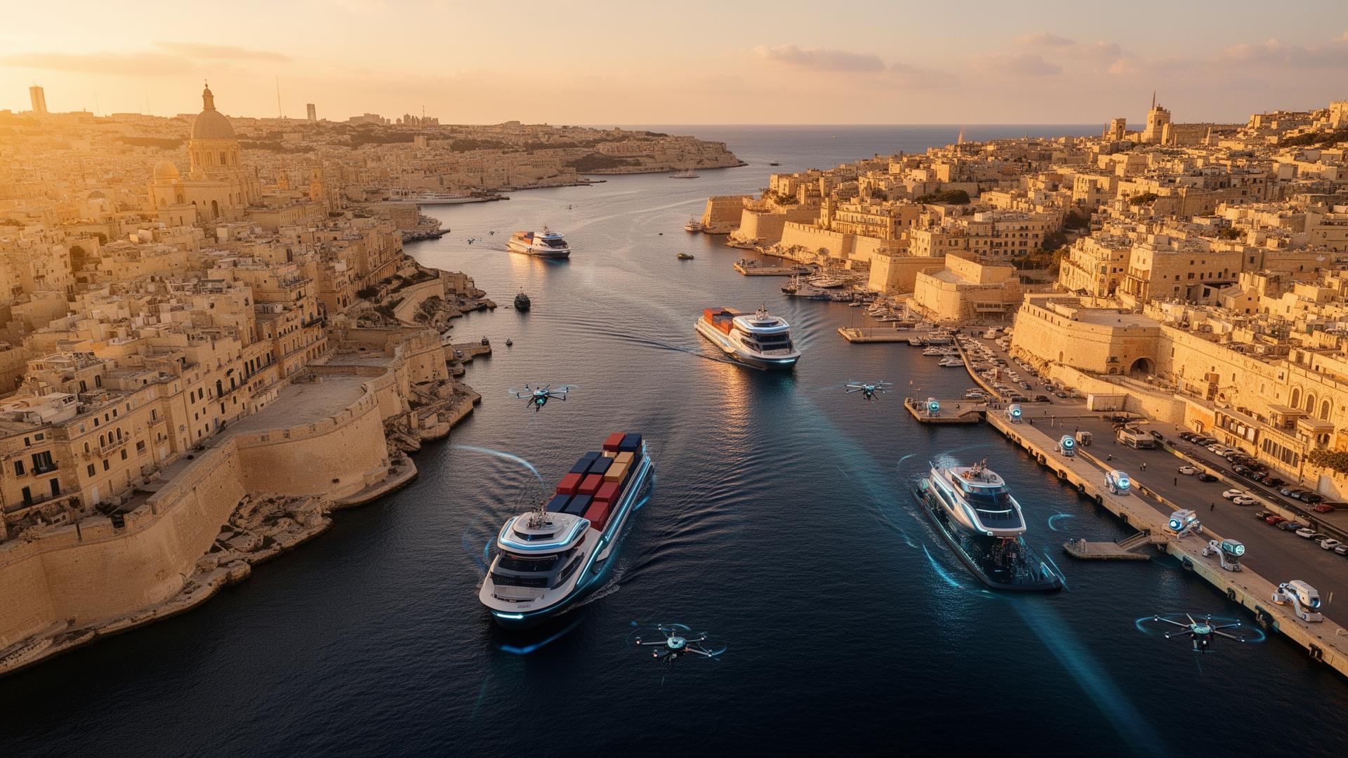 Aerial view of Valletta Grand Harbour with autonomous vessels and dock robots at golden hour